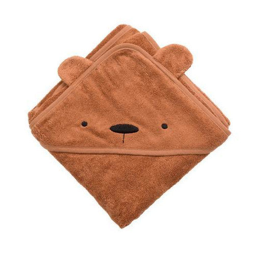 Asciugamano in cotone biologico con cappuccio orso Milo, color marrone.