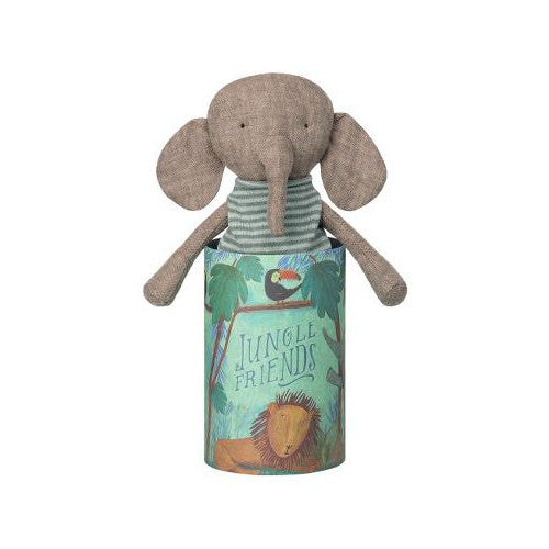 Elefantino di stoffa che fa capolino dalla scatola regalo dipinta a mano Migliori Amici
