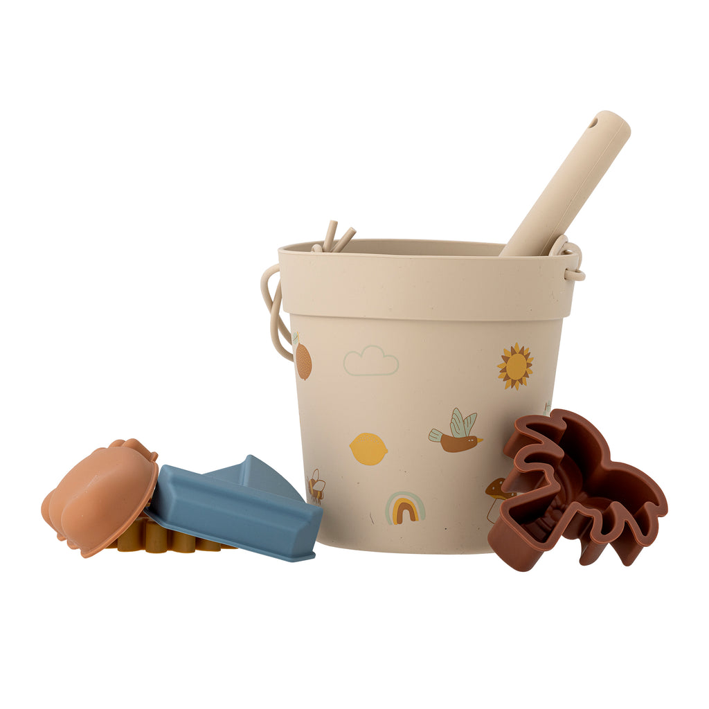 Set spiaggia in silicone. Secchello, paletta e formine