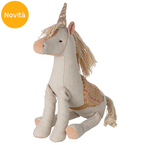 Unicorno di peluche con corno dorato e sella decorata