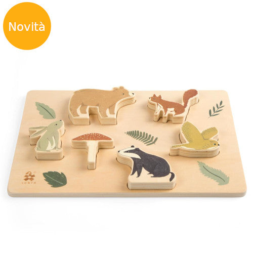 Puzzle in legno ad incastro con tessere animali del bosco
