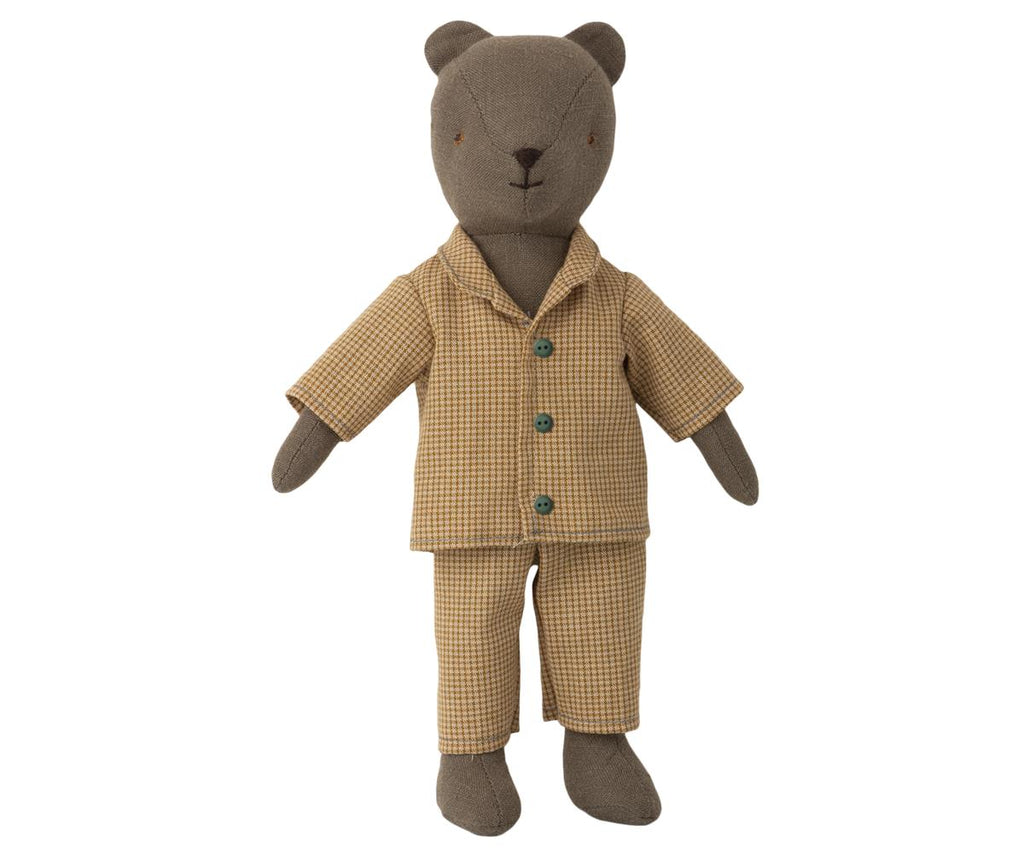 Orsetto peluche Teddy Papà con pigiama color cammello a righe e chiusura a bottoni