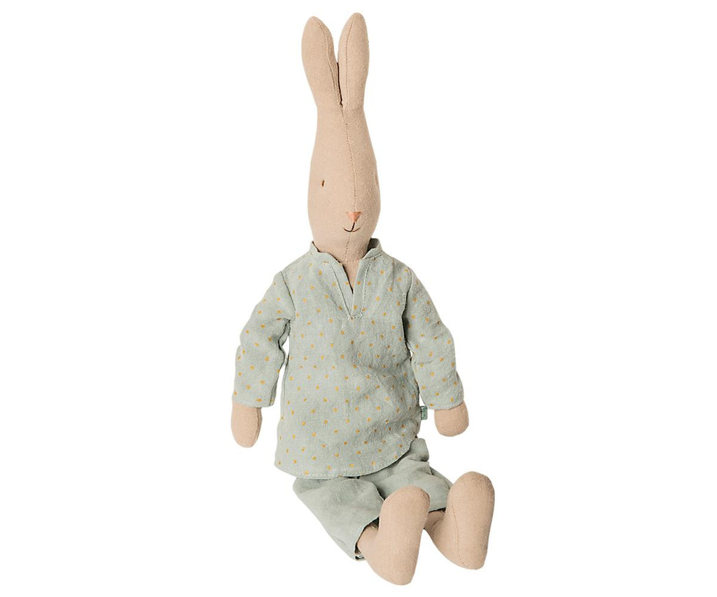 Coniglietto bambola con indosso pigiama in lino a righe celeste