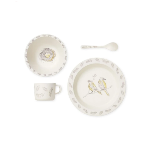 Set pappa decorato con immagini di uccellini e composto da 1 fondina, 1 piatto piano, 1 tazza con manico e 1 cucchiaio