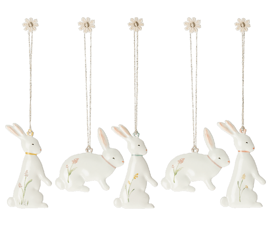 Set di cinque ornamenti pasquali in metallo - Conigli