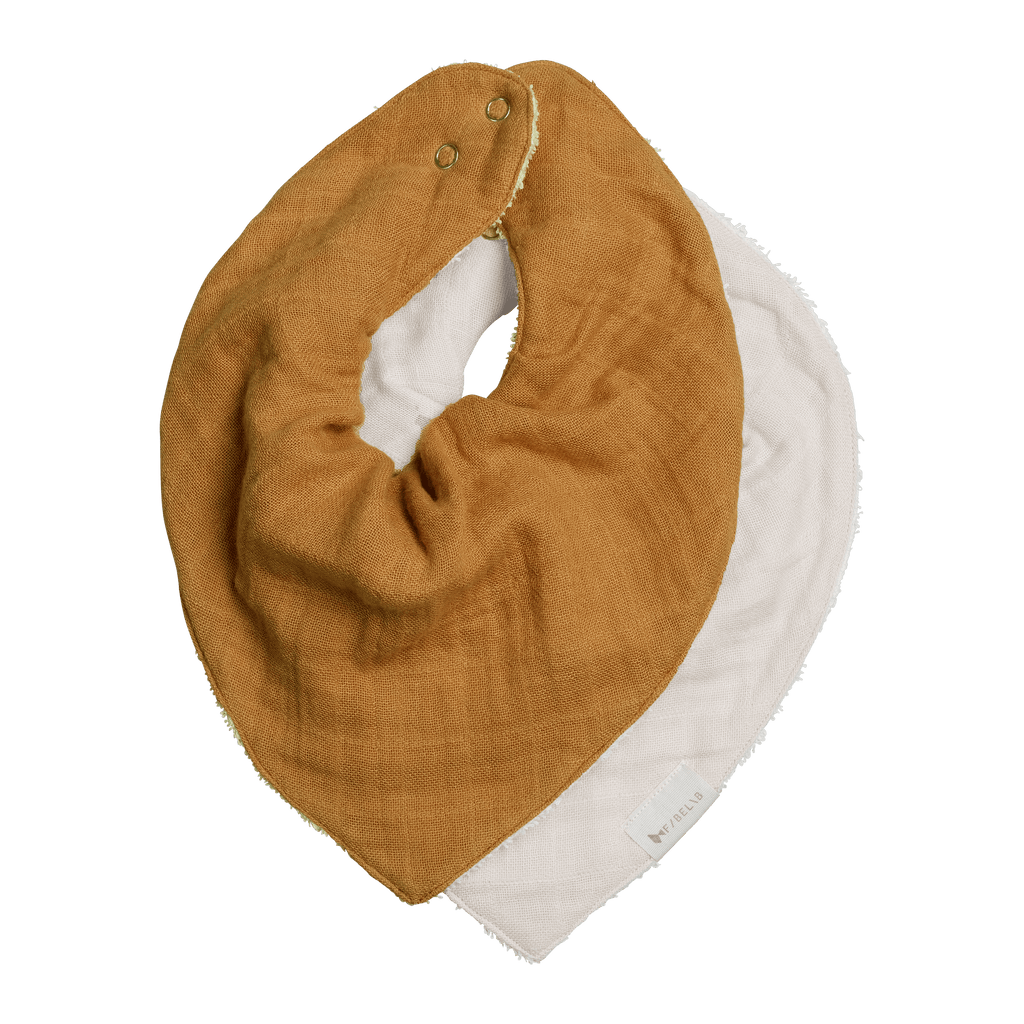 Coppia bavaglini bimbo girocollo a bandana in cotone; colori  bianco e ocra