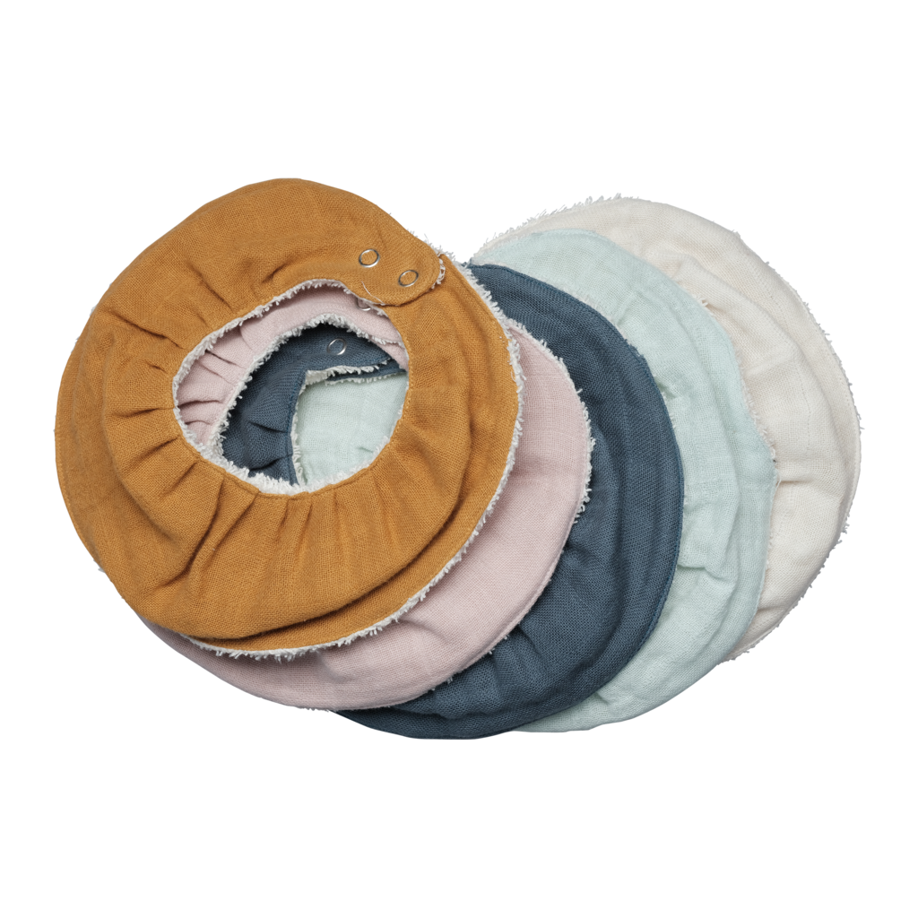 Vista di bavaglini in cotone per bimbo; colori vari