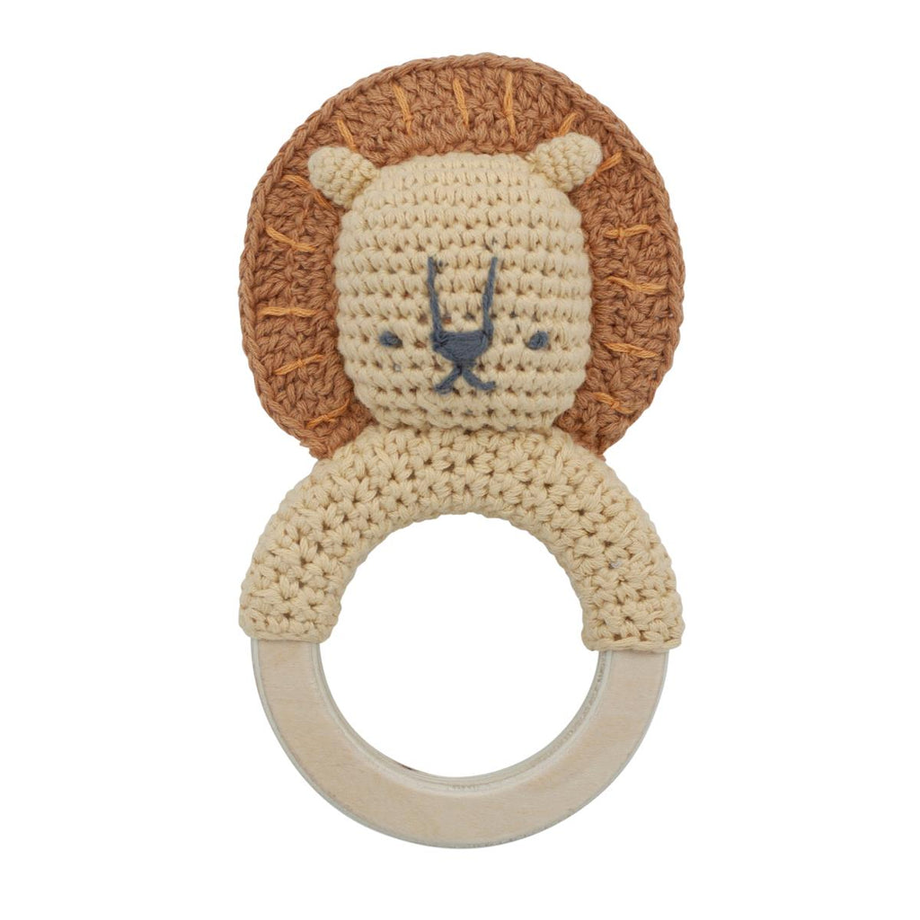 Sonaglio all'uncinetto a forma di leone con anello in legno