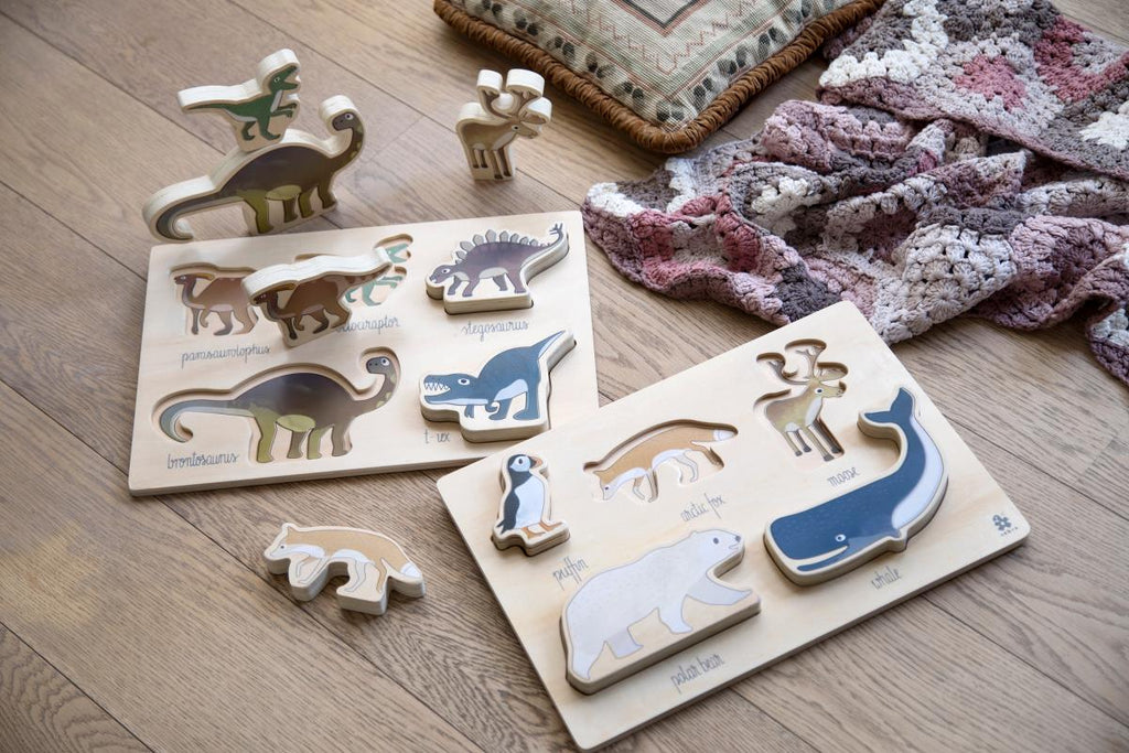 Coppia di puzzle in legno con figure di animali