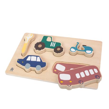 Puzzle in legno con veicoli (auto, scooter, bus e trattore)