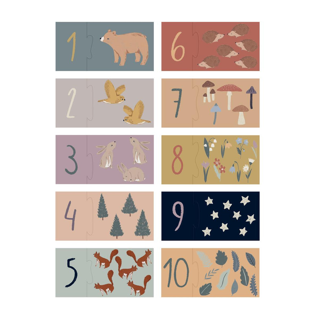 Puzzle in cartone pressato con 10 tessere illustrate con numeri  da 1 a 10 e figure di animali e flora