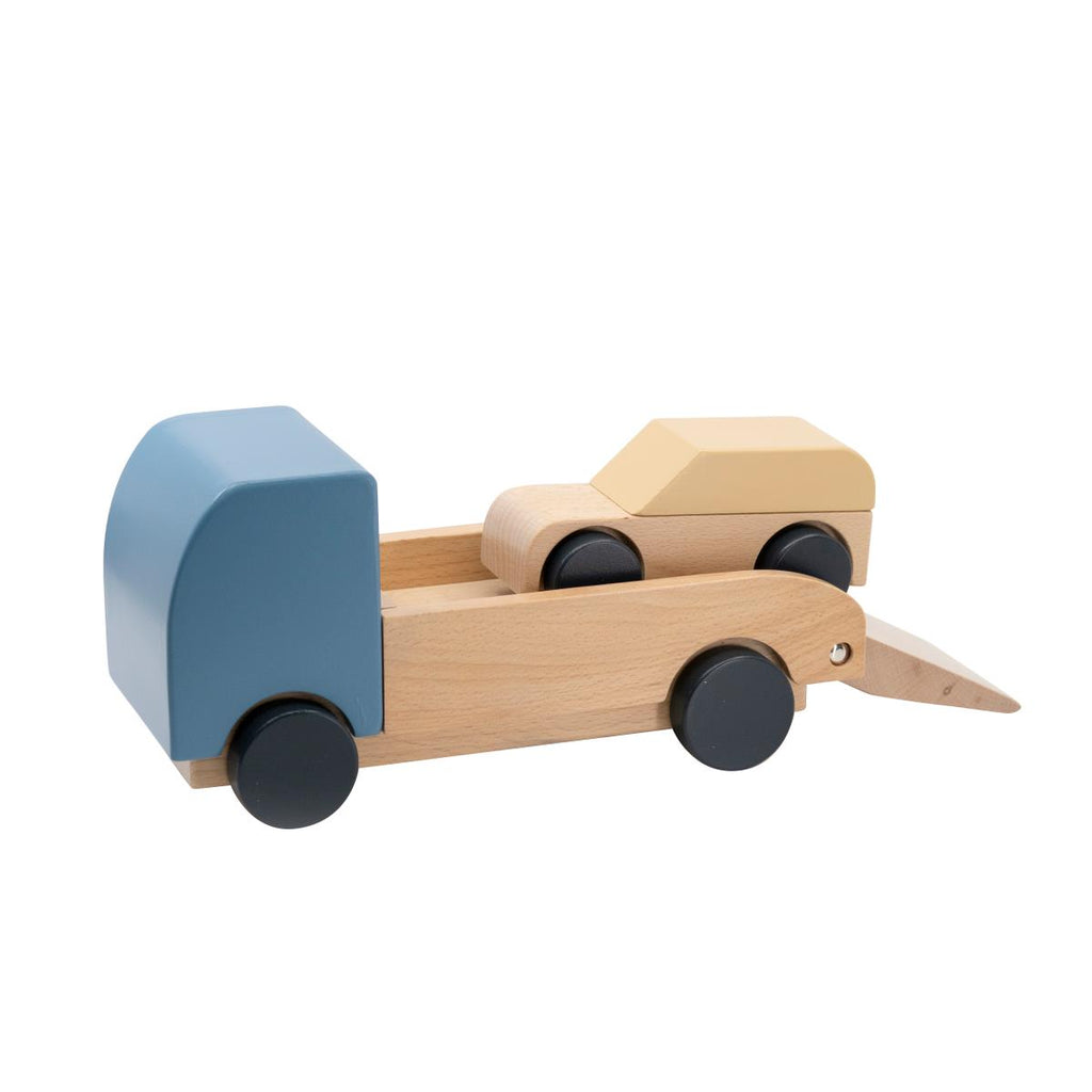 Camion bisarca con sponda mobile e automobile in legno
