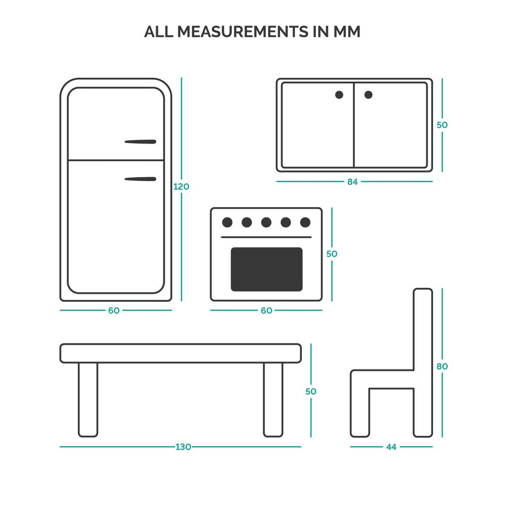 Dimensioni dei componenti la mini cucina in legno(tavolo da pranzo con quattro sedie, frigorifero, lavandino e fornello con piano cottura e forno)