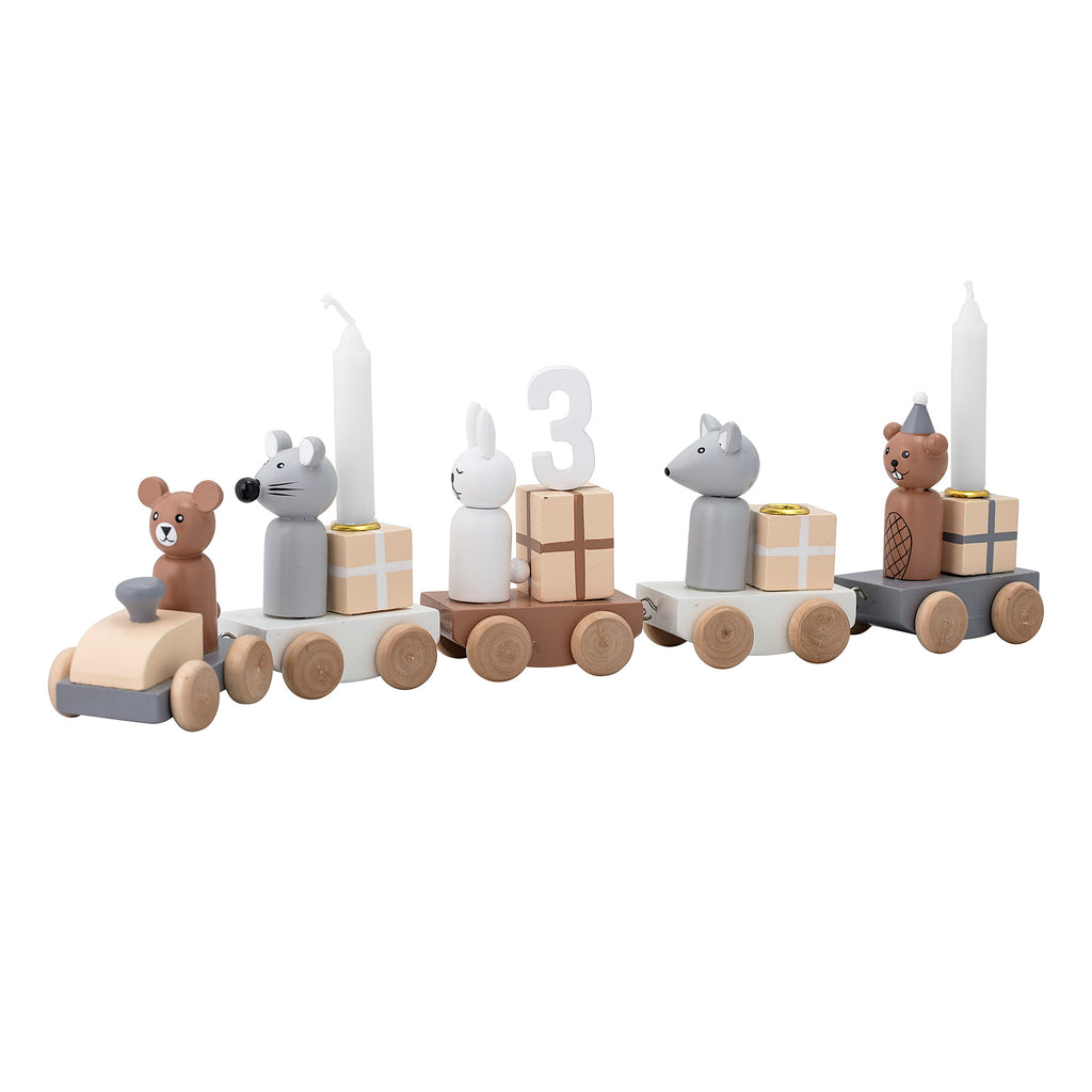 Trenino multicolore in legno porta candele con figurine di animali