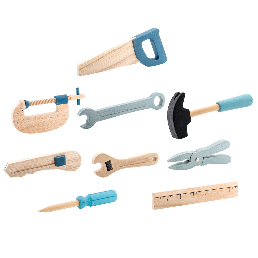 Set di strumenti da gioco in legno composto da 9 pezzi: sega, cacciavite, martello, pinza, righello, chiave inglese, taglierino, chiave regolabile e morsa.