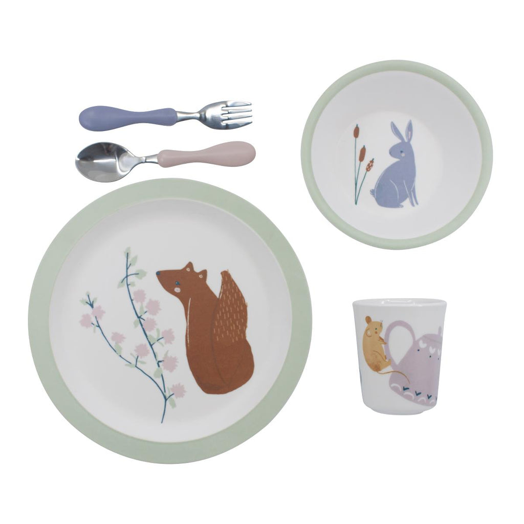 Set dinner in melamina con piatto piano (figura di Sparky la volpe), piatto fondo (figura di Bluebell il coniglietto), bicchiere (figura di Buttercup il topolino), coltello e forchetta