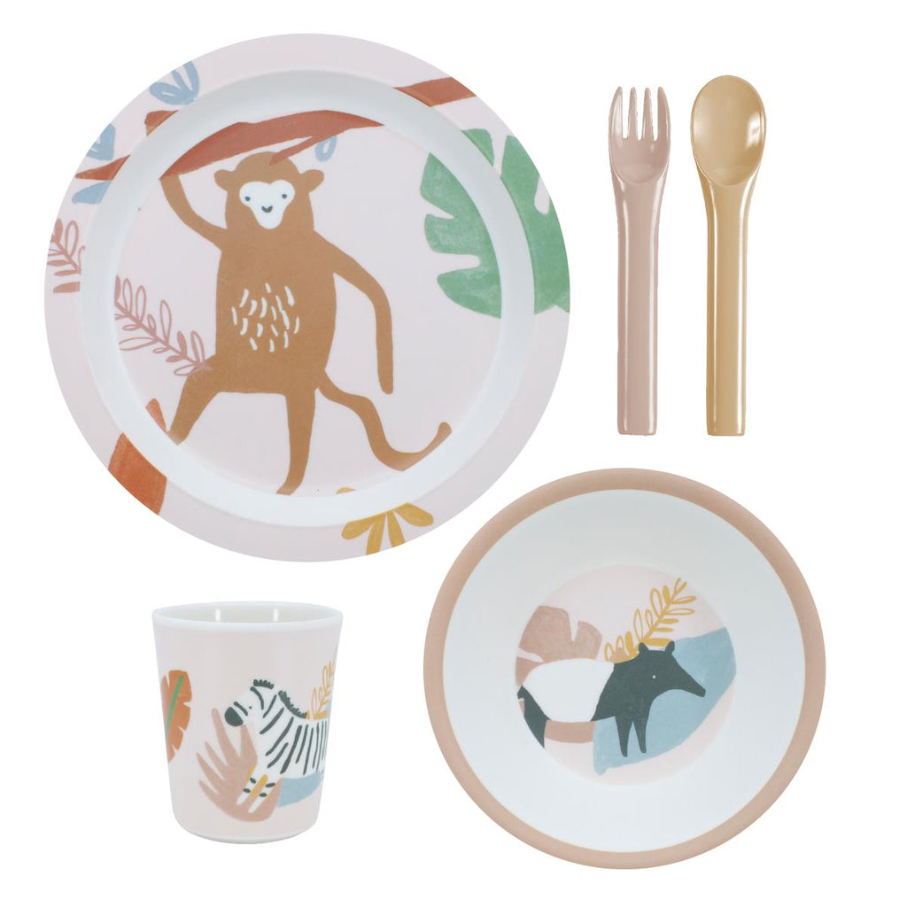 Set pappa decorato con animali selvaggi, piatto, ciotola, bicchiere , coltello e cucchiaio