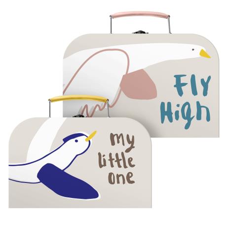 Set di due valigette decorate con illustrazioni di uccelli per la serie Uccelli Canterini