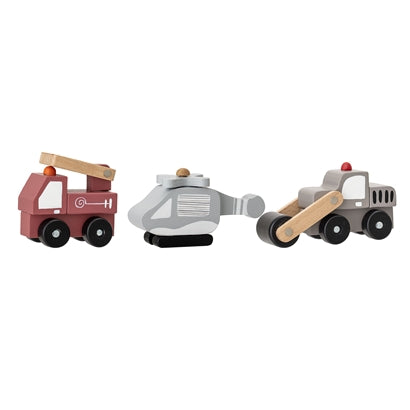Set mini veicoli in legno (camion dei pompieri, elicottero e schiacciasassi)