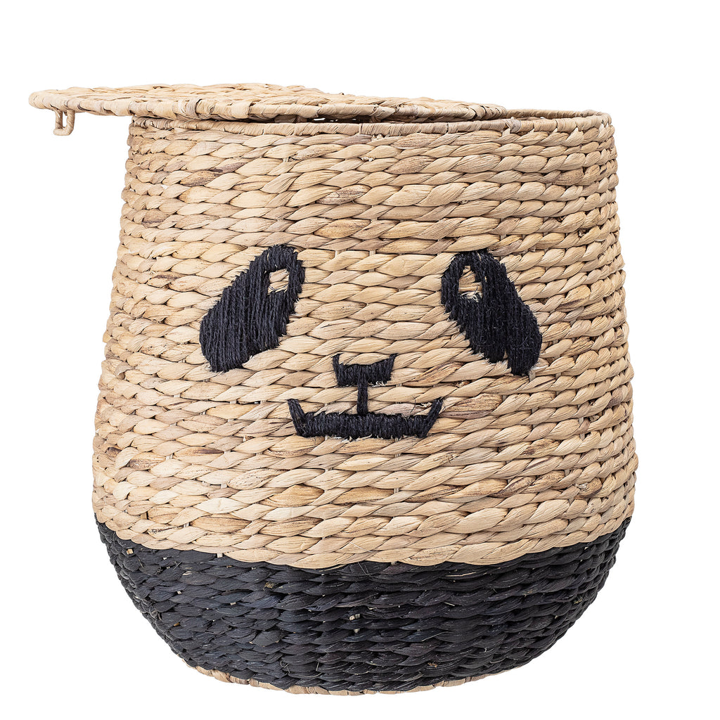 Cestino in giacinto d'acqua intrecciato con stilizzato un Panda con occhi e naso neri semi aperto
