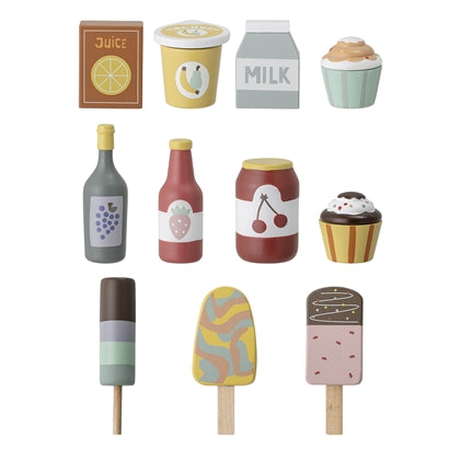 Set prodotti alimentari in legno multicolore: confezioni latte, succo, marmellata. Muffin e gelati