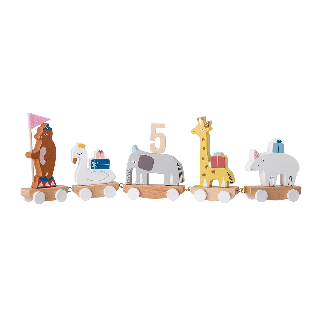 Trenino decorativo per compleanno con cinque vagoncini ognuno dei quali porta un animale in legno (orso, cigno, elefante, giraffa e rinoceronte
