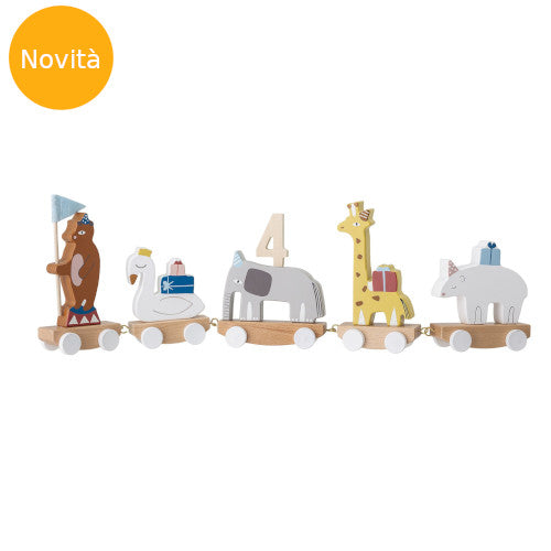 Trenino decorativo per compleanno con cinque vagoncini ognuno dei quali porta un animale in legno (orso, cigno, elefante, giraffa e rinoceronte