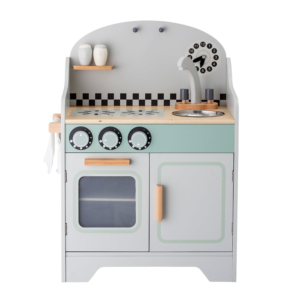 Cucina giocattolo in legno grigio; con fuochi,lavello e forno