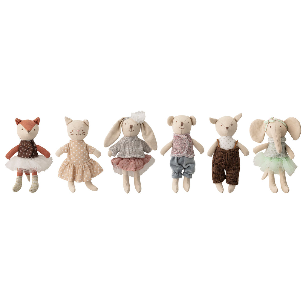 Set di 6 animali (volpe,gattina,coniglietta,orsacchiotto,topino e elefantina) multicolore in lino variamente abbigliati
