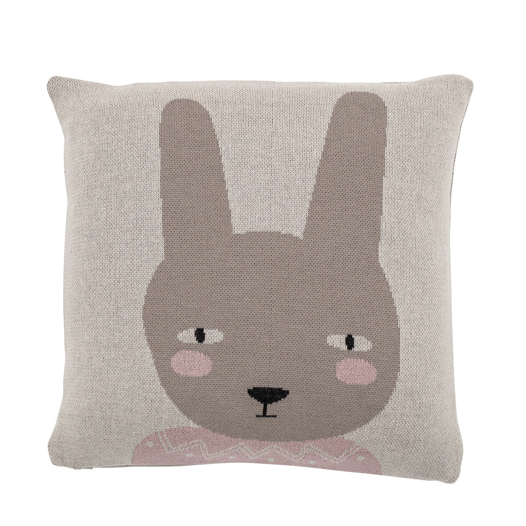 Cuscino in cotone lavorato a maglia con il viso di  un coniglio con grandi orecchie