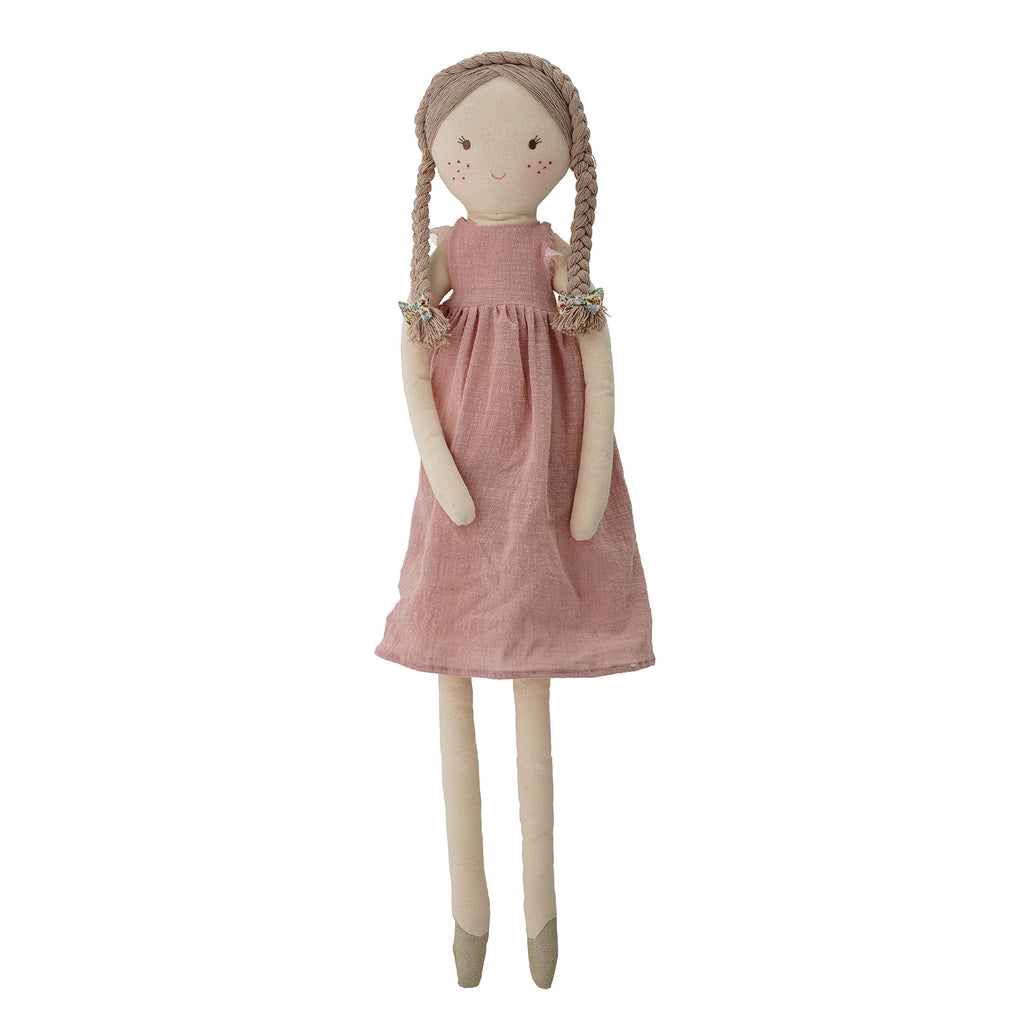 Bambola di pezza alta 87 cm con trecce bionde e un vestitino rosa