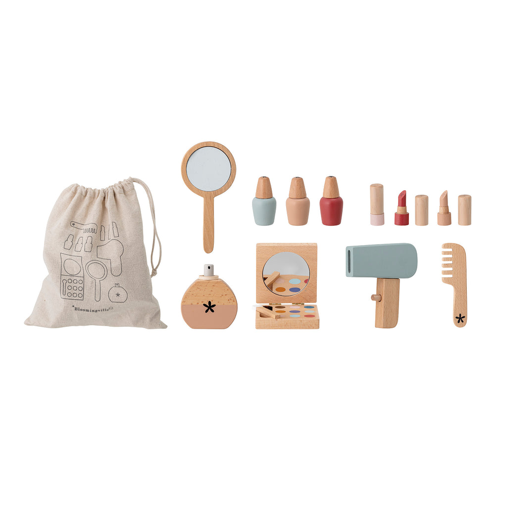 Set make up in legno con cosmetici, profumi, specchio, phon e pettine