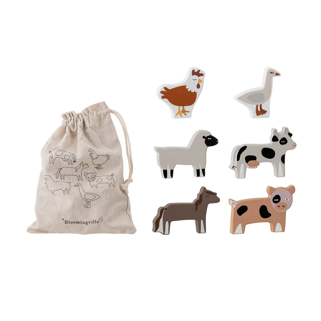 Set di animali della fattoria in legno con borsa contenitore