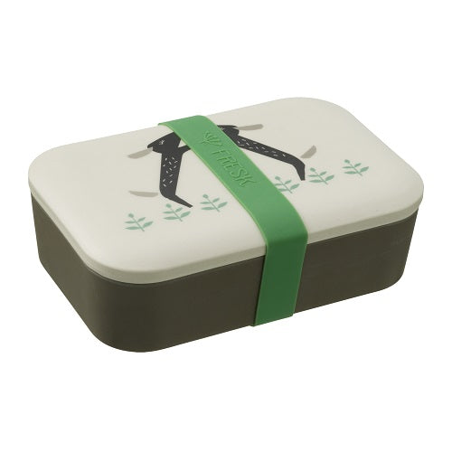Lunch box in bamboo con stampa figure di bassotti e fascia verde di chiusura