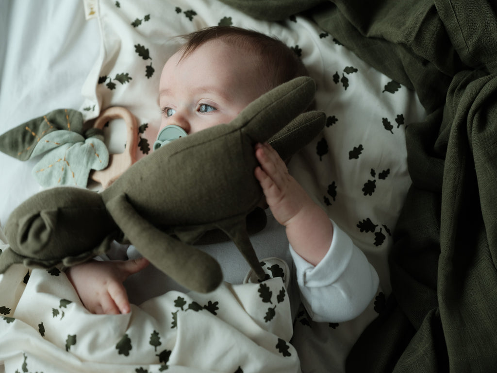 Peluche verde oliva a forma di draghetto addormentato in mano ad un neonato con ciuccio