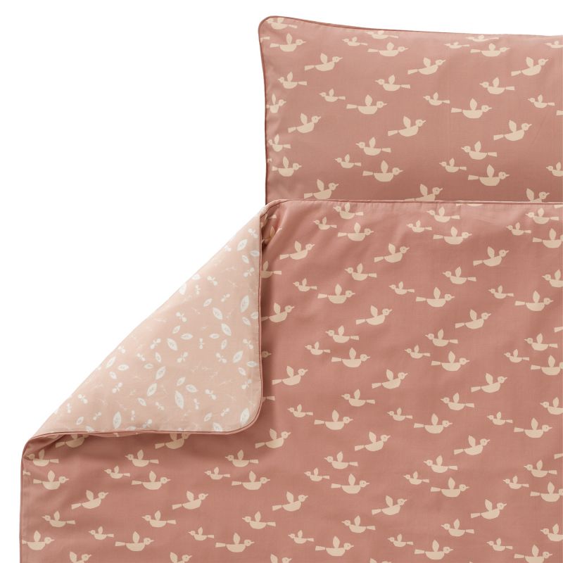 Copripiumino e federa rosa in cotone con stampa di piccoli passerotti