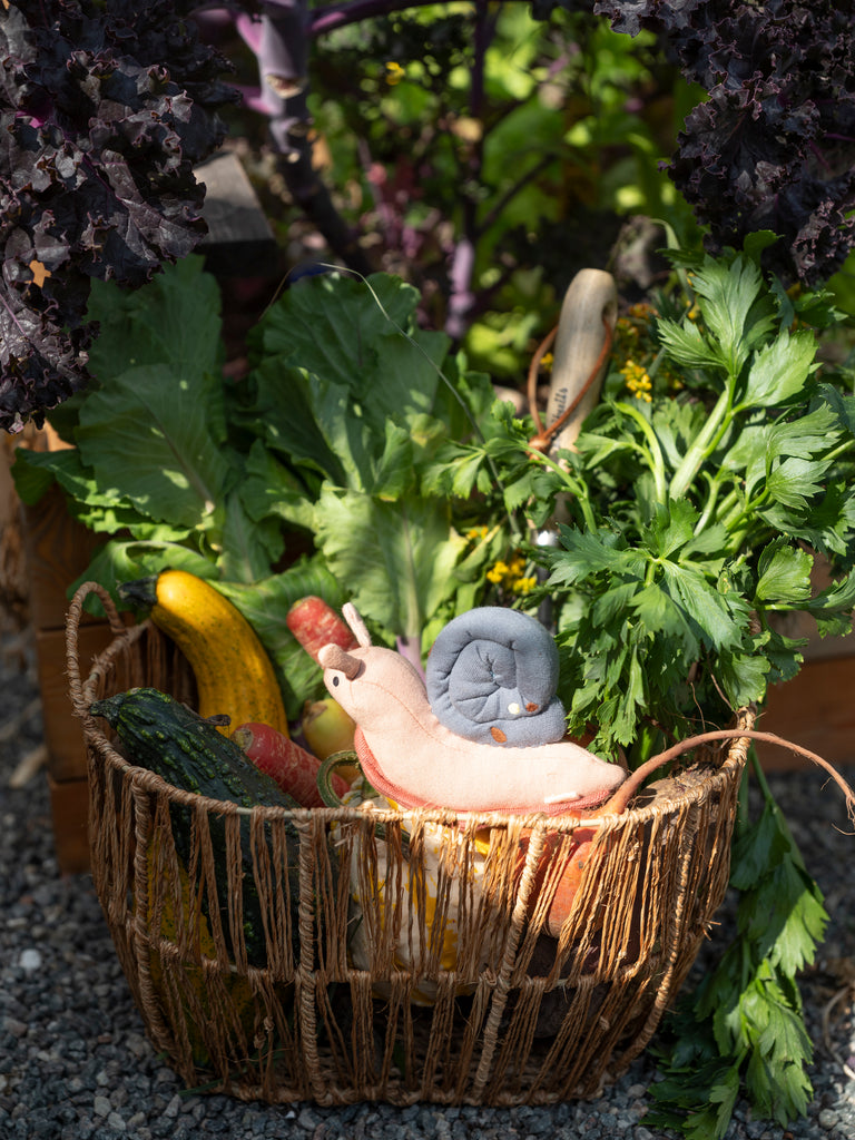 Colorato animale di stoffa in cotone bologico a forma di lumaca in un cesto tra ortaggi e verdure