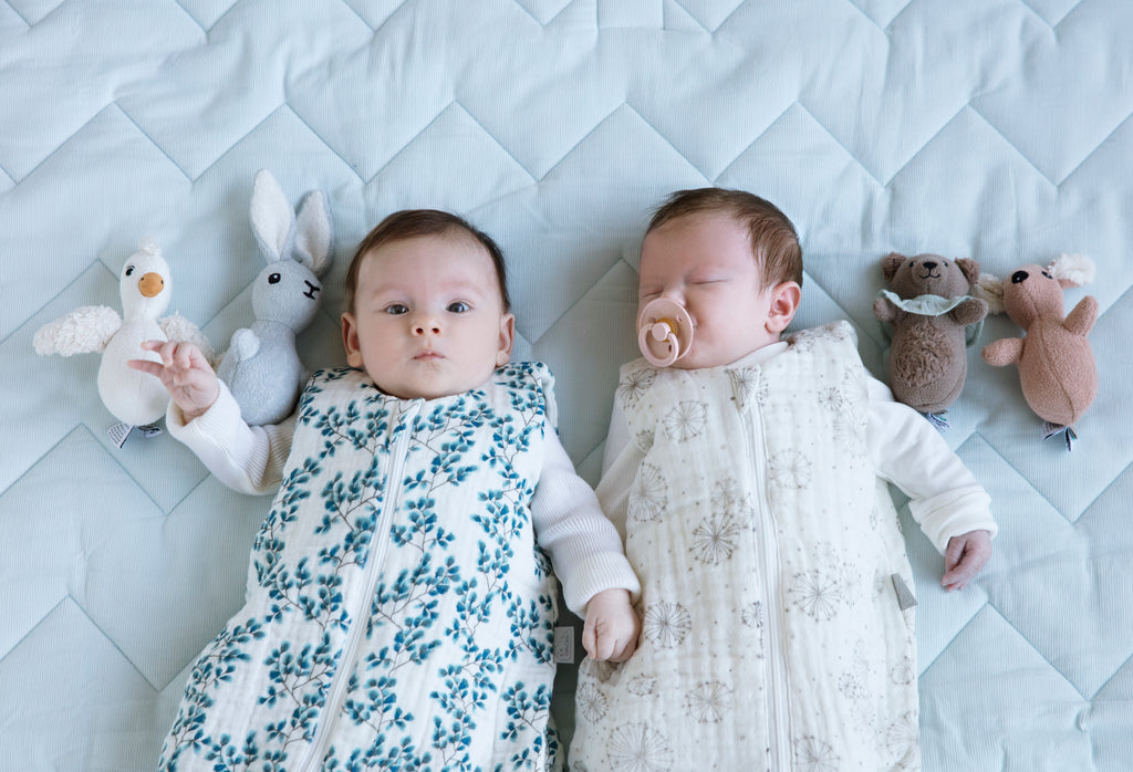 Sonaglio in stoffa a forma di leprotto a fianco di due neonati in sacco nnn ed altri peluchè