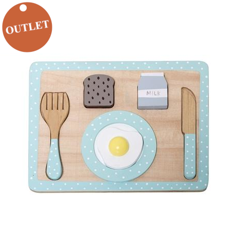 Set colazione in legno (coltello e forchetta, un piattino, un toast, un uovo e un flacone di latte)