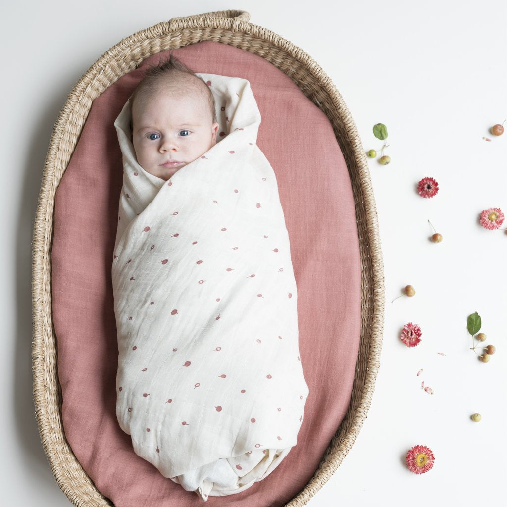 Neonato in cesta porta bebè  avvolto in una copertina swaddle bianca con piccoli disegni